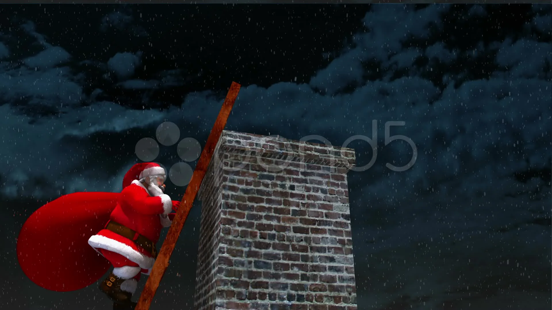 Santa Claus climbing a ladder up to a chimney animation