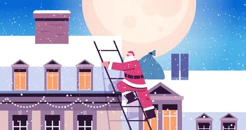 Santa claus climbing to the roof of house building merry christmas happy new Stock Illustration