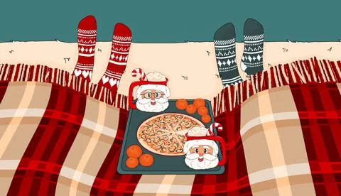 Santa Claus Cups with cocoa, marshmallows, candies, tangerines and pizza on a Stock Illustration
