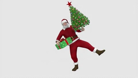 Santa Claus dancing with gift box and Christmas tree, looped with alpha channel. Stock Footage 223464541