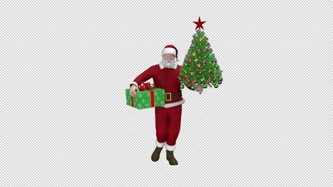 Santa Claus dancing with gift box and Christmas tree, looped with alpha channel. Stock Footage 223464786