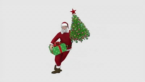 Santa Claus dancing with gift box and Christmas tree, looped with alpha channel. Stock Footage 223465381