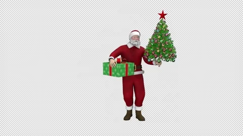 Santa Claus dancing with gift box and Christmas tree, looped with alpha channel. Stock Footage 223465592