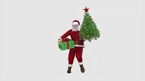 Santa Claus dancing with gift box and Christmas tree, looped with alpha channel. Stock Footage 223465903