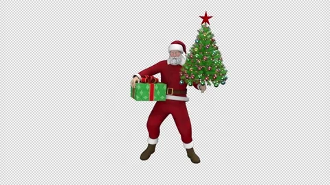 Santa Claus dancing with gift box and Christmas tree, looped with alpha channel. Stock Footage 223465998