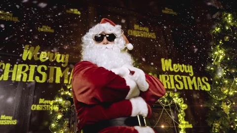 Santa Claus dancing, tracking shot, Merry Christmas and falling snowflakes Vídeo Stock 81755461