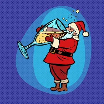 Santa Claus drinks champagne. Comic cartoon pop art retro Stock Illustration