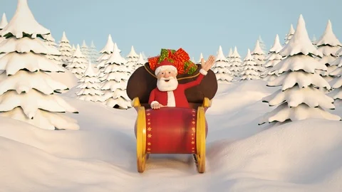 Santa Claus driving through snowy landscape in his sleigh. Frontal View. Stock Footage