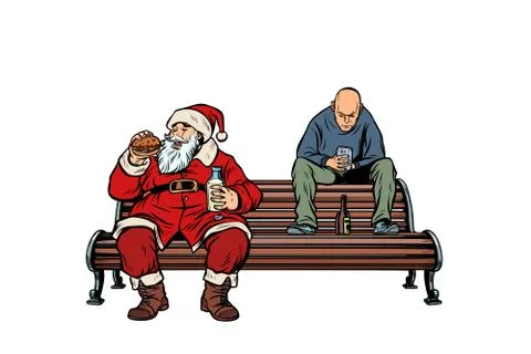 Santa Claus eats fast food Burger, hooligan drinks drunk Stock Illustration