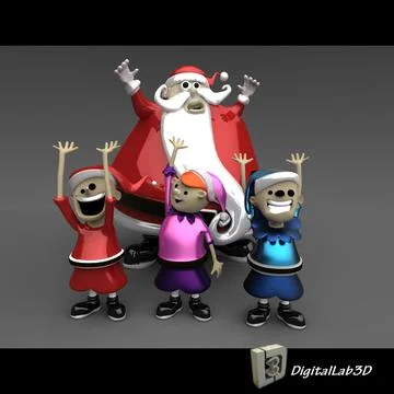 Santa Claus with Elves 3D Model