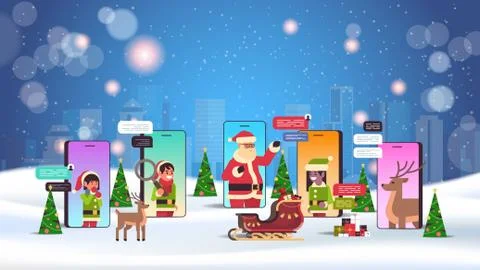 Santa claus with elves helpers using chatting app social network communicatio Illustrazione stock