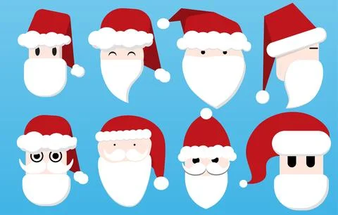 Santa Claus face collection flat style cartoon isolated on blue Stock Illustration