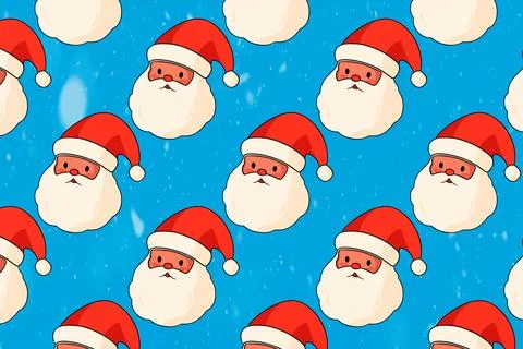 Santa Claus faces seamless pattern on blue snowy background. Stock Illustration