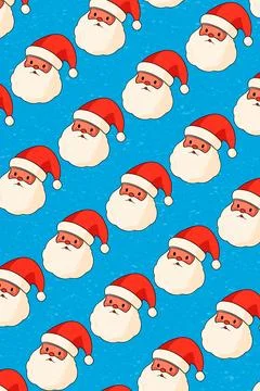 Santa Claus faces seamless pattern on blue snowy background. 库存插图