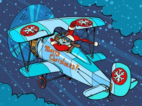 Santa Claus is flying on a plane Stock Illustration