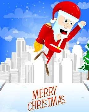 Santa Claus flying up with a rocket engine. Vector cartoon character illustra Stock Illustration