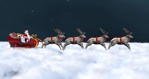 Santa Claus flying through the night sky in a sleigh pulled by reindeer  Stock Footage 321127799