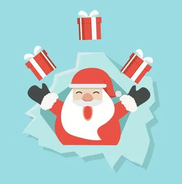 Santa Claus with gift in ripped paper hole Stock Illustration