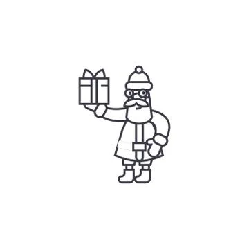 Santa claus with a gift vector line icon, sign, illustration on background Stock Illustration