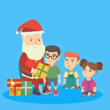 Santa claus giving presents to a group of kids. Stock Illustration