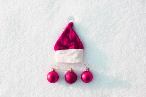 Santa Claus hat Christmas background with colored Christmas balls, Christmas Stock Photos