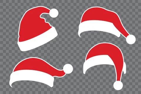 Santa Claus hat flat set. Realistic Santa Claus hat isolated transparent back Stock Illustration