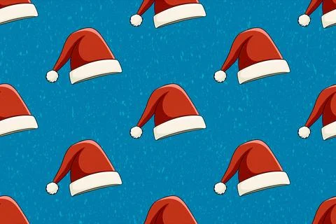 Santa Claus hats seamless pattern on blue background. Stock Illustration