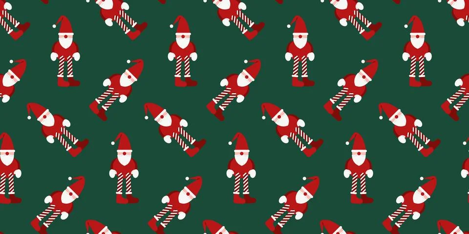 Santa Claus helper Pattern. Seamless print of New Year Elf Doll on green Stock Illustration