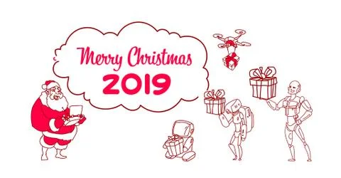 Santa claus hold remove controller drone delivery present robot helper artifi Stock Illustration