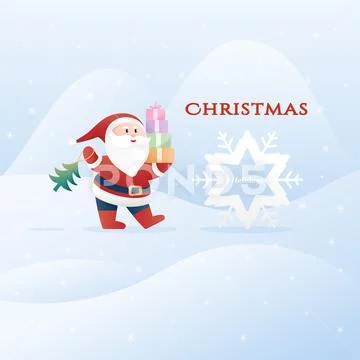 Santa Claus holding the gift boxes and Christmas tree on winter background. Stock Illustration