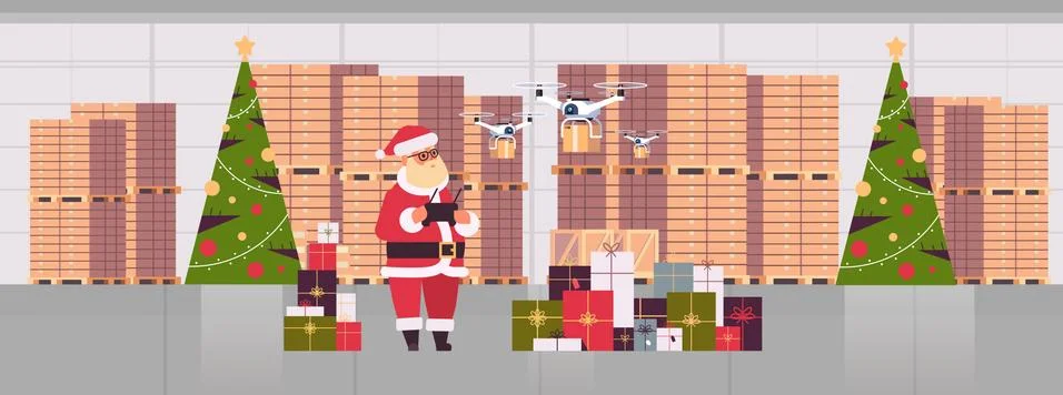 Santa claus holding remove controller drone with gift present boxes flying in Stock Illustration