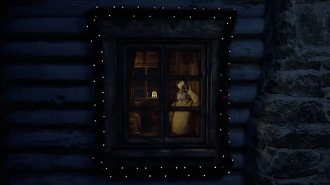 Santa Claus inside Log Cabin Looking Through Window and Drinks from Cup Stock Footage 294946572