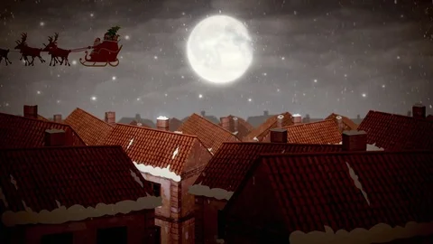 Santa Claus on magic sleigh with Deers flying over city Stock Footage