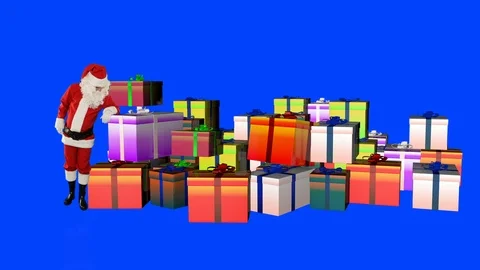 Santa Claus magically piling up gift boxes wth Blue Screen Chromakey Stock Footage 118061870