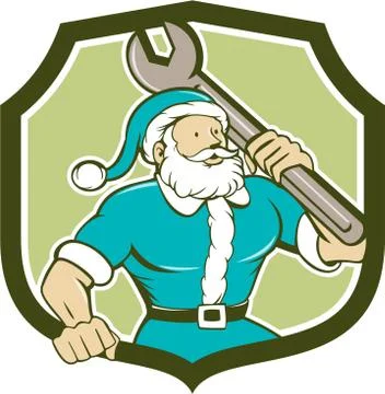Santa Claus Mechanic Spanner Shield Cartoon Stock Illustration