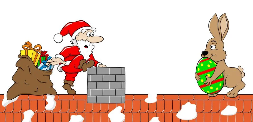 Santa claus meets the easter bunny on a roof Stock Illustration