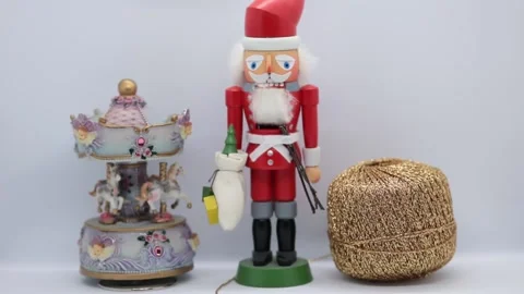 Santa Claus nutcracker Christmas decorations closeup on white background Stock Footage 162827567