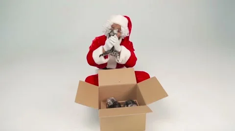Santa Claus opens a box with kittens Video stock 42656231