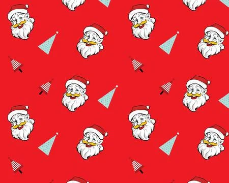 Santa Claus Pattern on Red Background with White Triangles Stock Illustration