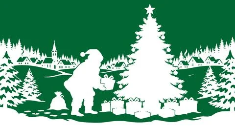 Santa claus placing gift boxes under decorated christmas tree in snowy villag イラスト素材