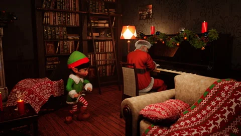 Santa Claus Playing Piano While Elf Performs a Dance Stock Footage 295433349
