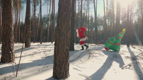 Santa Claus pulls sleigh with Christmas tree doll Video stock 280572572