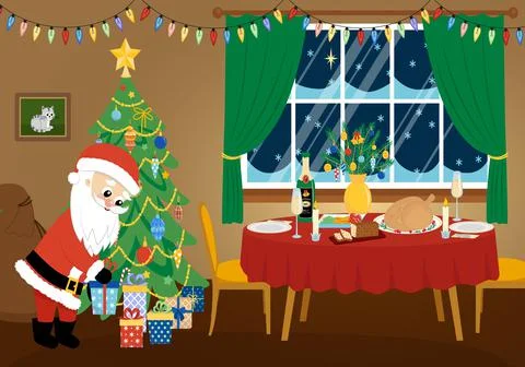 Santa Claus is putting present under Christmas tree. Christmas interior. Gift Stock Illustration