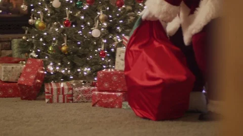 Santa Claus putting presents under a Christmas tree Stock Footage 80008804