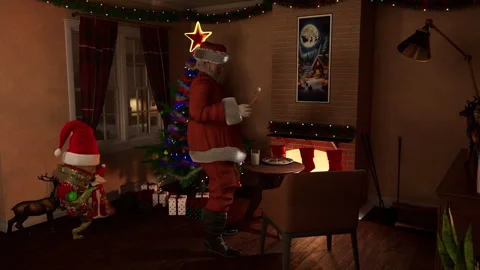 Santa Claus Reads Letter while Sneaky Holiday Villain Tries to Steal Presents Stock Footage 294946098