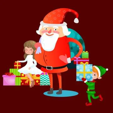 Santa claus in red hat with beard sits on chair with hare in hand which makes Stock Illustration