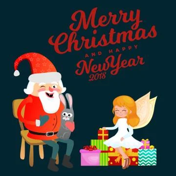 Santa claus in red hat with beard sits on chair with hare in hand which makes Stock Illustration