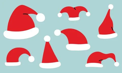 Santa Claus red hat set isolated on blue. Flat vector illustration. Stock Illustration