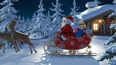 Santa Claus with Reindeer Goes on the Way and Flies Against the Moon Stock Footage