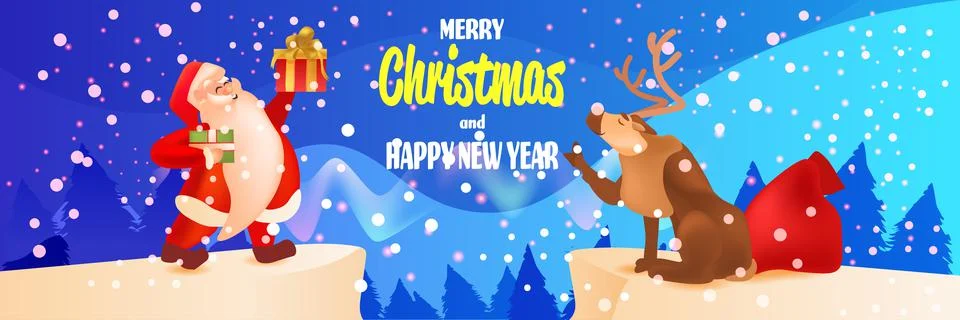 Santa claus with reindeer holding gifts new year christmas holidays celebration Stock Illustration